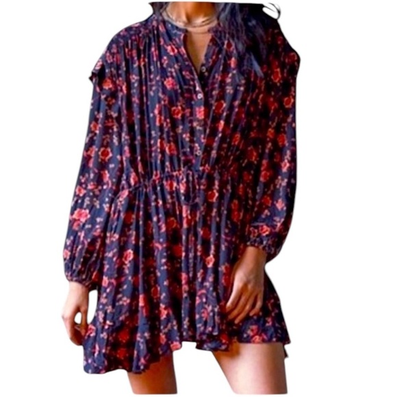 Free People Dresses & Skirts - Free People Flower Fields Mini Dress Burgundy Ballon Sleeves Ruffles Boho Small